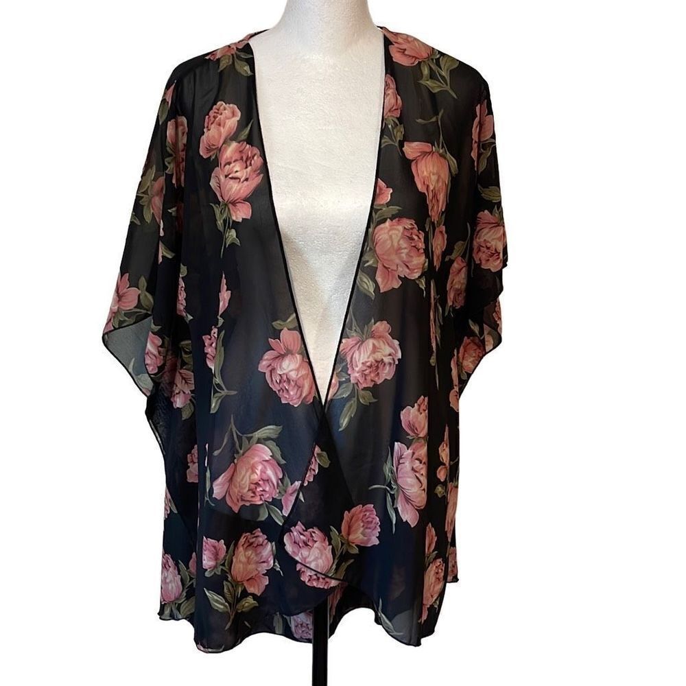 Live 4 Truth. Sheer Kimono/Duster. Size Small Black w/roses. Polyester.
